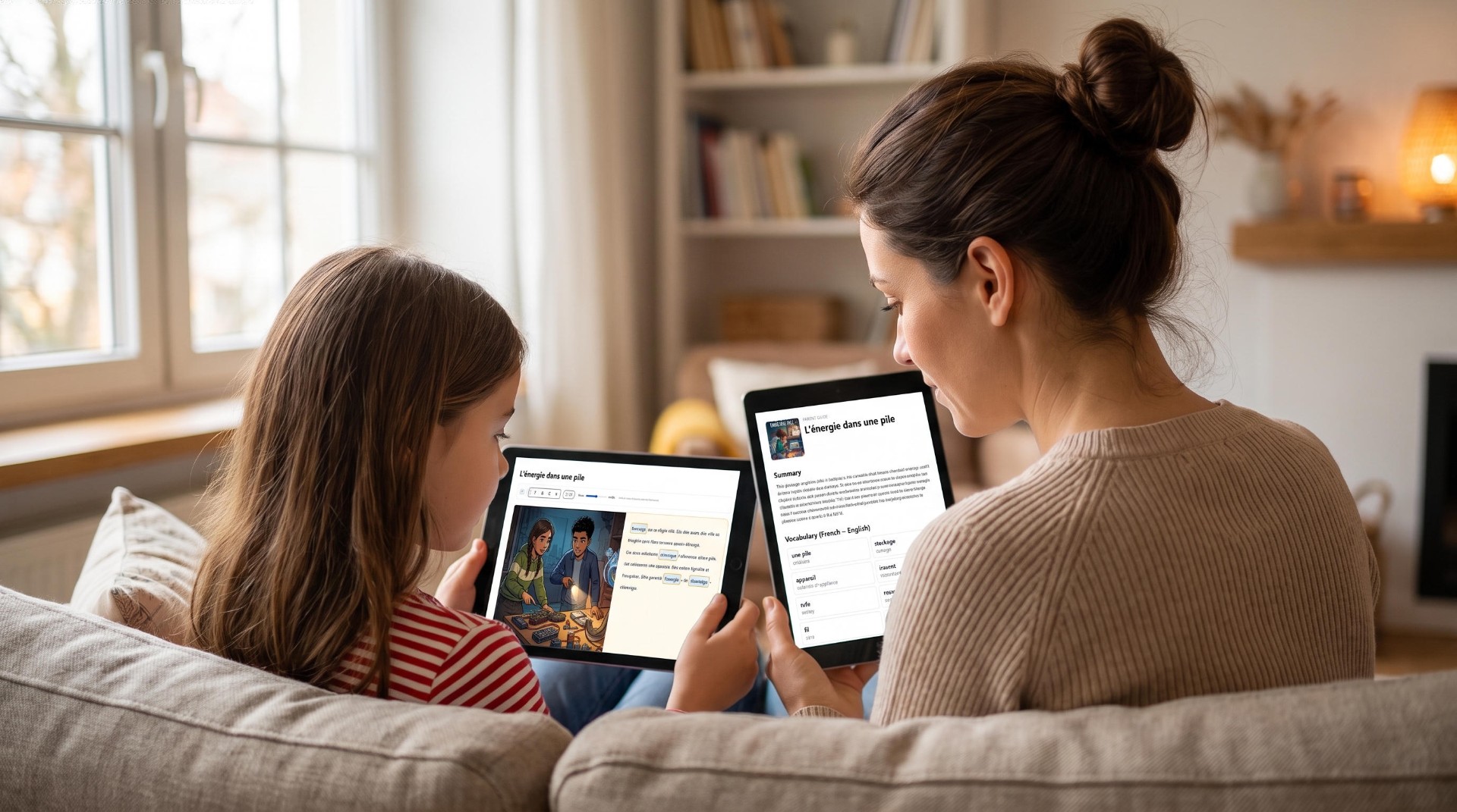 A parent and child reading a Frim Sidekick story together on tablets — the child on the French reader, the parent on the English guide