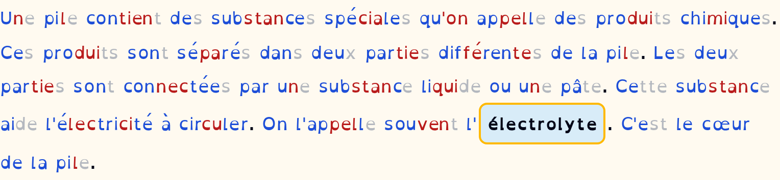 French passage with coloured syllables and greyed silent letters