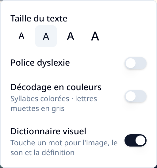 Reading options panel with text size, dyslexia font, colour decoding and visual dictionary toggles